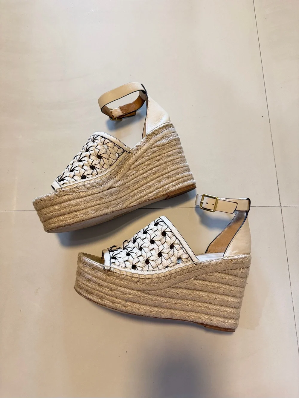 Tory Burch Cream Woven Espadrille Platform Wedge Sandals